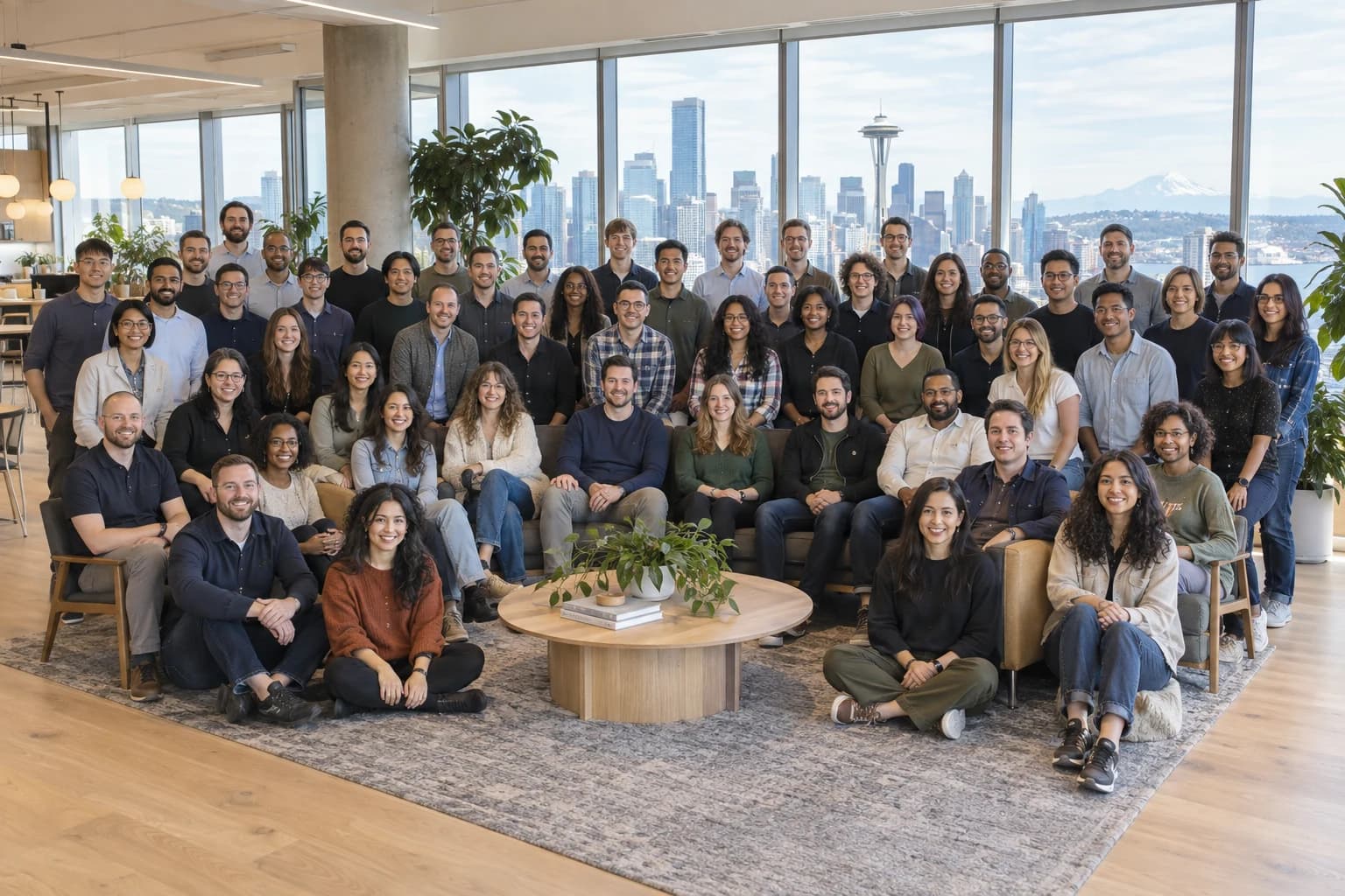 A software startup team gathered in a bright, modern Seattle office with the Space Needle visible through the windows.