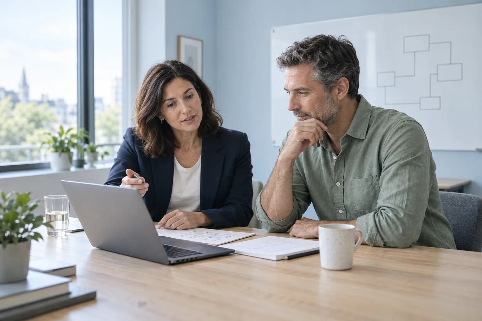 A consultant and client discussing an AI service map together in a bright meeting room.