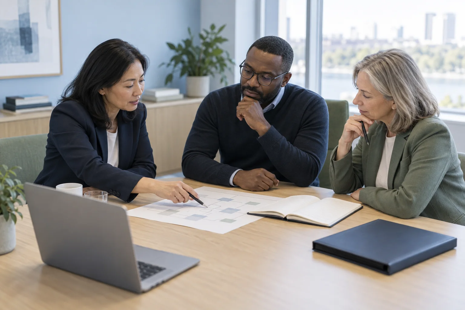 An adviser and a client team reviewing service diagrams and discussing governance responsibilities.
